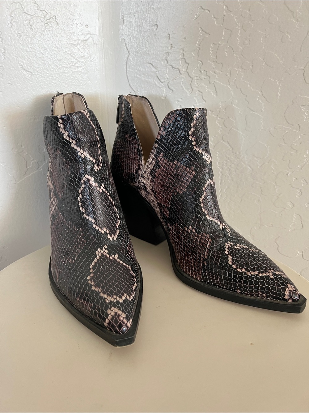 Vince Camuto Snake-Print Pointed Toe Ankle Boots - Black & Pink